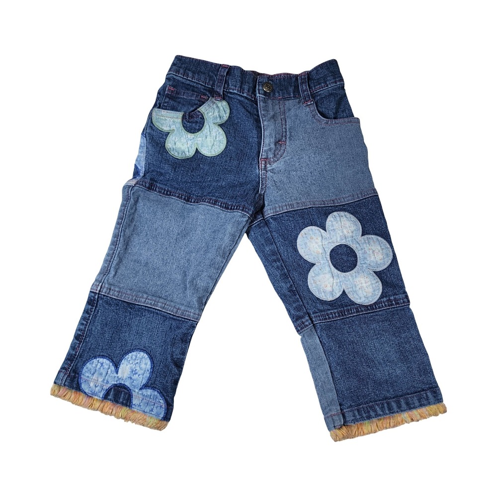 Vintage Lee Girls Patchwork Denim Jeans Blue Floral Applique Fringed y2k Size 5R